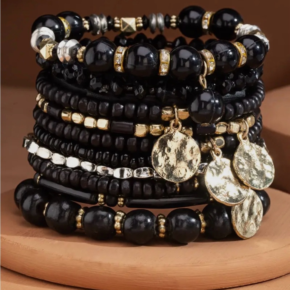 Elegant Black and Gold Beaded Bracelet Set